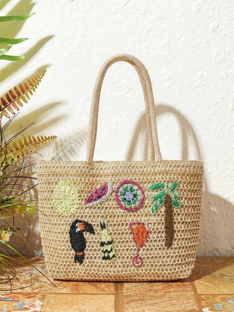 SHECARRY Sac à épaule pour femmes, sac en paille, sac tressé en paille, avec décorations telles que perroquets, ananas, palmiers et pastèques. Amusant, , personnalisé, simple, polyvalent, de rue, doux et cool pour les filles, les filles branchées, Y2K, pour la plage, les vacances, les jours fériés, l'été, le bord de mer, les fêtes de plage - Beige - Voir 1