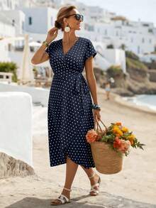 EMERY ROSE 大码女式夏季圆点重叠 V 领荷叶边短袖休闲连衣裙 - 藏蓝色 - 查看 1