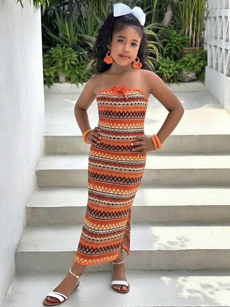 Travachic KIDS Đầm hai dây dệt kim kẻ sọc thanh lịch dành cho bé gái tuổi teen, kiểu dáng đi nghỉ mát. - Nhiều màu - Xem 1