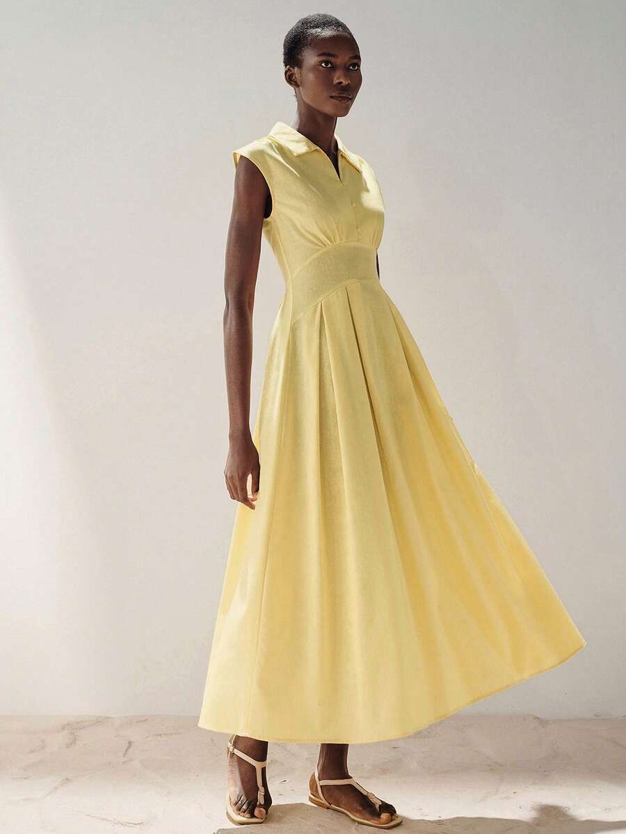 Aveloria Modichic New Waist-Cinching Niche Design Collared Sleeveless Slimming Long Yellow Midi Dress - Light Yellow - View 1