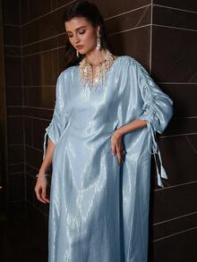 Al Najma Fashionable Elegant V-Neck Batwing Sleeve Ruched Long Dress, Spring/Summer - Baby Blue - View 7