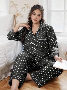SHEIN 加大码泡泡褶皱波点印花长袖睡衣套装 - 黑色 - 查看 5