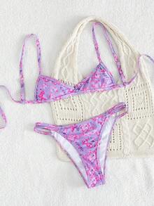 Bonvoyette 2pcs/Set Halter Tie Design Bikini Swimwear Set Purple Summer Casual Beach Vacation Holiday Tummy Control Bathing Suit Women Zebra Print Bikinis - Multicolor - View 4
