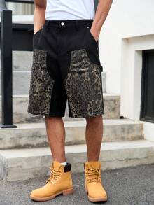 GALLERY FADE Spring/Summer Young Street-Style Washed Black Loose Straight Dual-Knee Leopard Print Denim Shorts - Black - View 5
