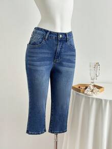 Elamini 时尚甜美蝴蝶结水洗修身七分牛仔裤 - 中等水洗藍 - 查看 2