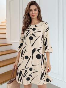 Medorina 休闲日常圆领荷叶袖女式连衣裙，几何印花侧口袋女式连衣裙，秋季女装，教师装，机场装，米色女式连衣裙，印花女式连衣裙，蝴蝶袖连衣裙，喇叭袖连衣裙，图案女式连衣裙，夏季装，度假装，外出装 - 彩色 - 查看 5