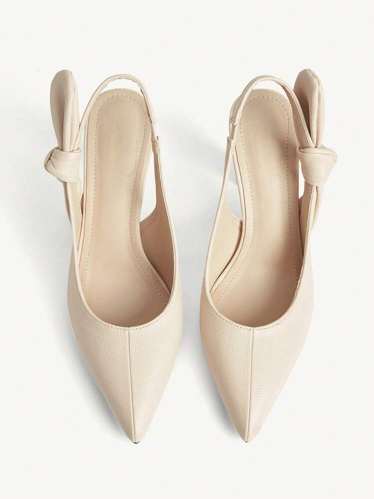 CUCCOO CHICEST Spring And Summer Beige Pointed Toe Thick Heel Slingback Bow Simple And Elegant Temperament Solid Color Women's High Heel Shoes