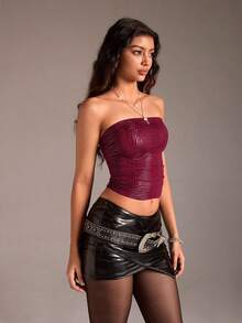 SHEIN PETITE 1 chiếc áo hai dây nữ màu tím đỏ in họa tiết da cá sấu, chất liệu co giãn, kiểu dáng trễ ngực, xếp ly, hở lưng, thích hợp cho các dịp thường ngày như đi dự tiệc, câu lạc bộ, lễ tình nhân, ngày lễ hoặc phong cách hippie. - Màu Đỏ Sâu - Xem 4