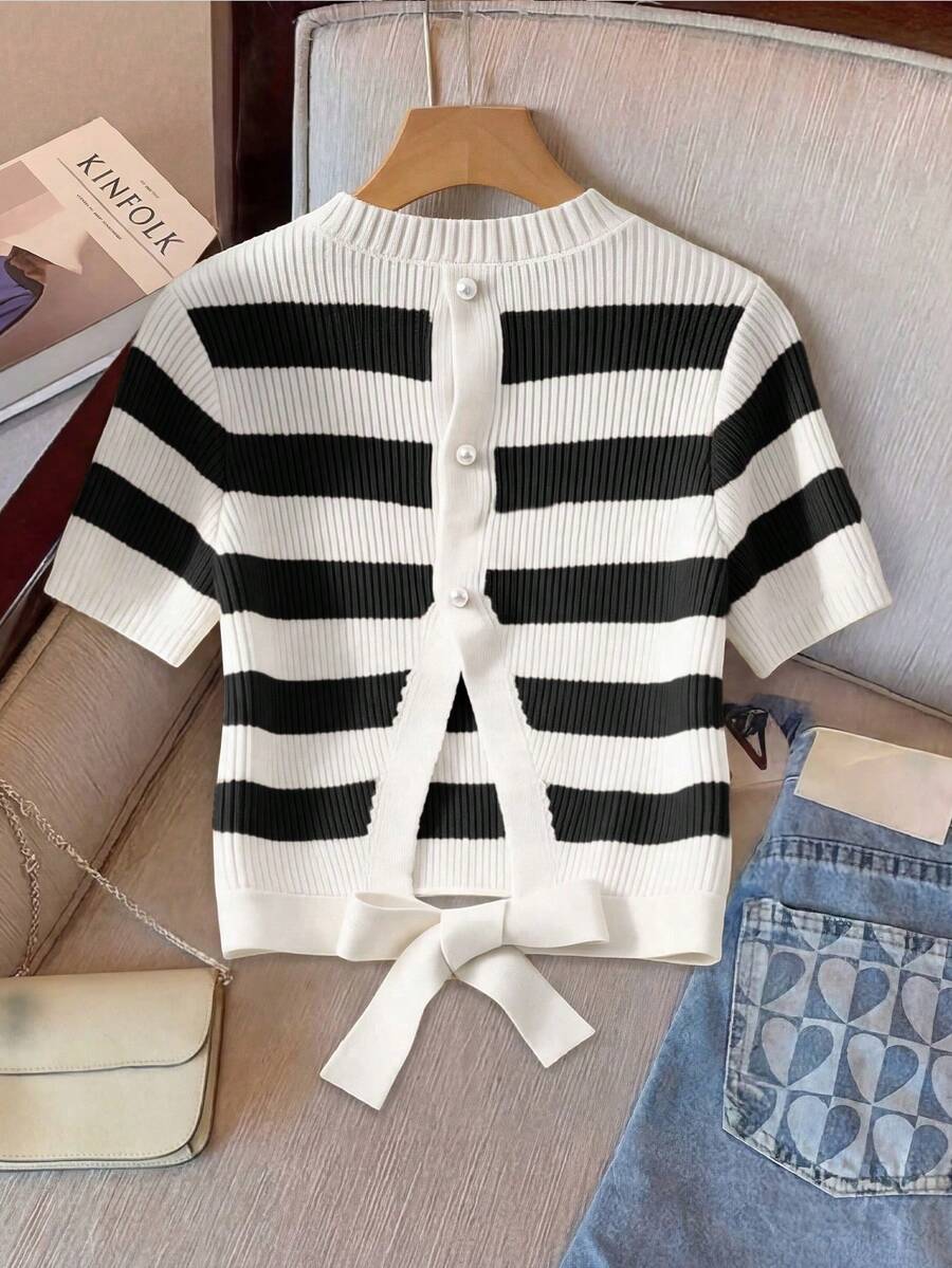 Franclia Women's Elegant Outdoor Outfit, Round Neck Striped Tie-Up Hollow-Out Knit Top, Early Spring - Black - View 1