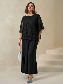 Chikora Plus Size Elegant Commuter Embroidered Mesh Top And Pants 2 Pieces Set - Black - View 5