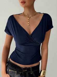 Aloruh 女士纯色交叉裹身短袖修身夏季T恤，性感蕾丝透视后背设计 - 藏蓝色 - 查看 8