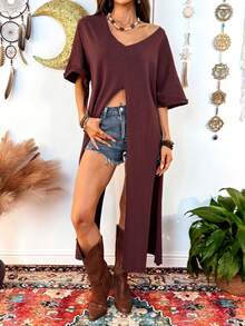 Fembélia Áo kiểu nữ màu hạt dẻ dệt kim cổ chữ V xẻ tà, chất liệu vải dệt họa tiết - Màu Tím - Xem 5