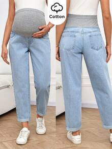 SHEIN Umstandsjeans mit hoher Taille, lässig gewaschen, für Sommer, Karneval, Pendeln, Urlaub, Abschluss, Chic Y2K, süß, Streetwear, Party, Hochzeit, elegant, Business-Lässig, Strand, Ostern, elegant, bequem, Umstandshose mit Überbauchbund, elegante, bequeme Umstandshose, bequeme, hellblaue, schmale Umstandsjeans für Frauen - Blau - Übersicht 9