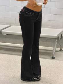 StreetHx Denim Flare Casual com Bolso e Bordado Cruzado Feminino - Preto - Visão 5