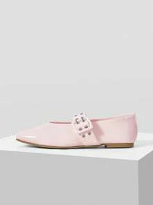MOTF PREMIUM Zapatos de mujer nuevos de estilo retro francés, de piel sintética de color rosa claro, con doble botonadura, hebilla con remaches, punta cuadrada y suela plana. Cómodos y versátiles, ligeros y sin cansar los pies, con un ambiente simple y casual, elegantes zapatos tipo Mary Jane de alta gama - Rosa Pálido - Ver 3