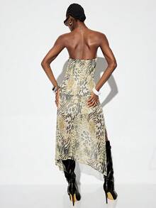 GENKIRA Light Brown Leopard Print Chiffon Dress With Asymmetrical Hemline, Metal Collar Necklace, Sleeveless Bodycon Silhouette, Sexy Wild Y2K Boho Style, Suitable For Party, Vacation, Casual Mixing And Matching - Multicolor - View 2