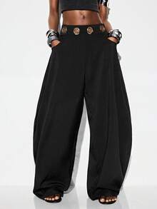 Aveloria GENKIRA Pantalones harem con volantes, decoración de cinturón metálico plateado de gran tamaño en los ojos, estilo de vanguardia mixto de uso casual, para ir al trabajo, fiesta - Negro - Ver 7