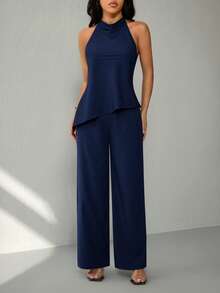 SHEIN PETITE 女士纯色简约日常穿搭无袖上衣和裤子两件套 - 藏蓝色 - 查看 5