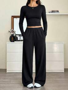 SHEIN Tall Bộ 2 món áo dài tay và quần dài màu trơn dành cho nữ. - màu đen - Xem 9