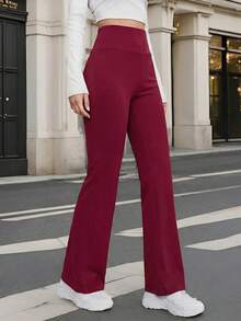 SHEIN EZwear 酒红色高腰喇叭裤，优雅时尚女裤 - 酒紅色 - 查看 5