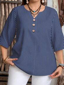 EMERY ROSE Plus Size Women Casual Striped Short Sleeve Shirt, Suitable For Summer - Blue - View 4