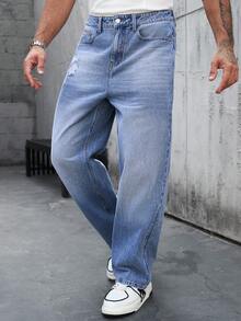 Manfinity Homme Quần jeans ống rộng nam màu xanh nhạt, kiểu dáng rách rưới, thêu họa tiết. - Rửa nhẹ - Xem 3
