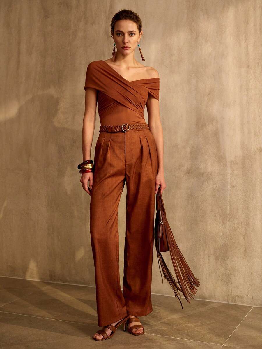 MOTF PREMIUM 高腰直筒休闲简约西装裤 - 棕色 - 查看 1