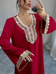 Al Najma Women's Embroidered Floral Arabic Style Maxi Abaya,Elegant Wedding Guest Formal Loose Kaftan - Red - View 6