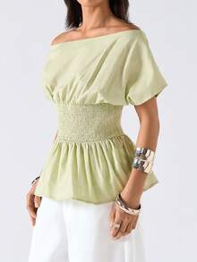 LYSMO 女士夏季休闲纯色不对称领收腰衬衫 - 綠色 - 查看 3