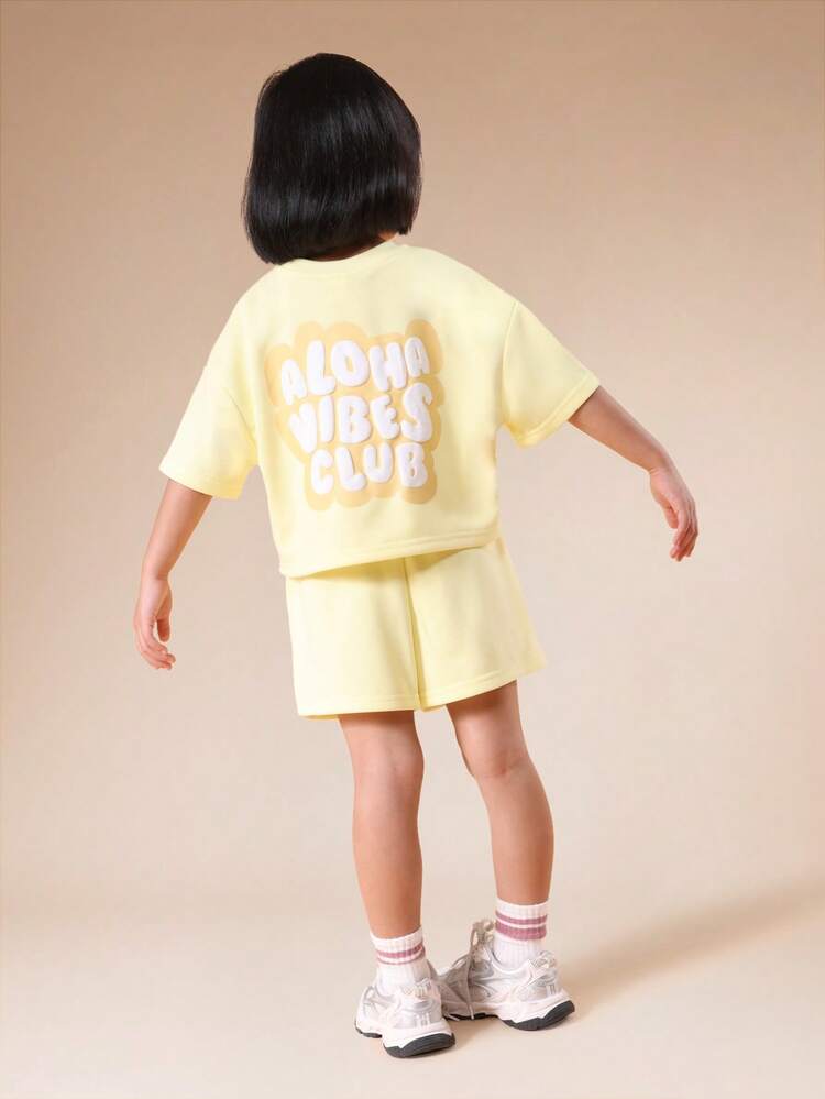 Girls Aloha Vibes Club Summer Matching Top And Shorts Set With Fun Graphic Print