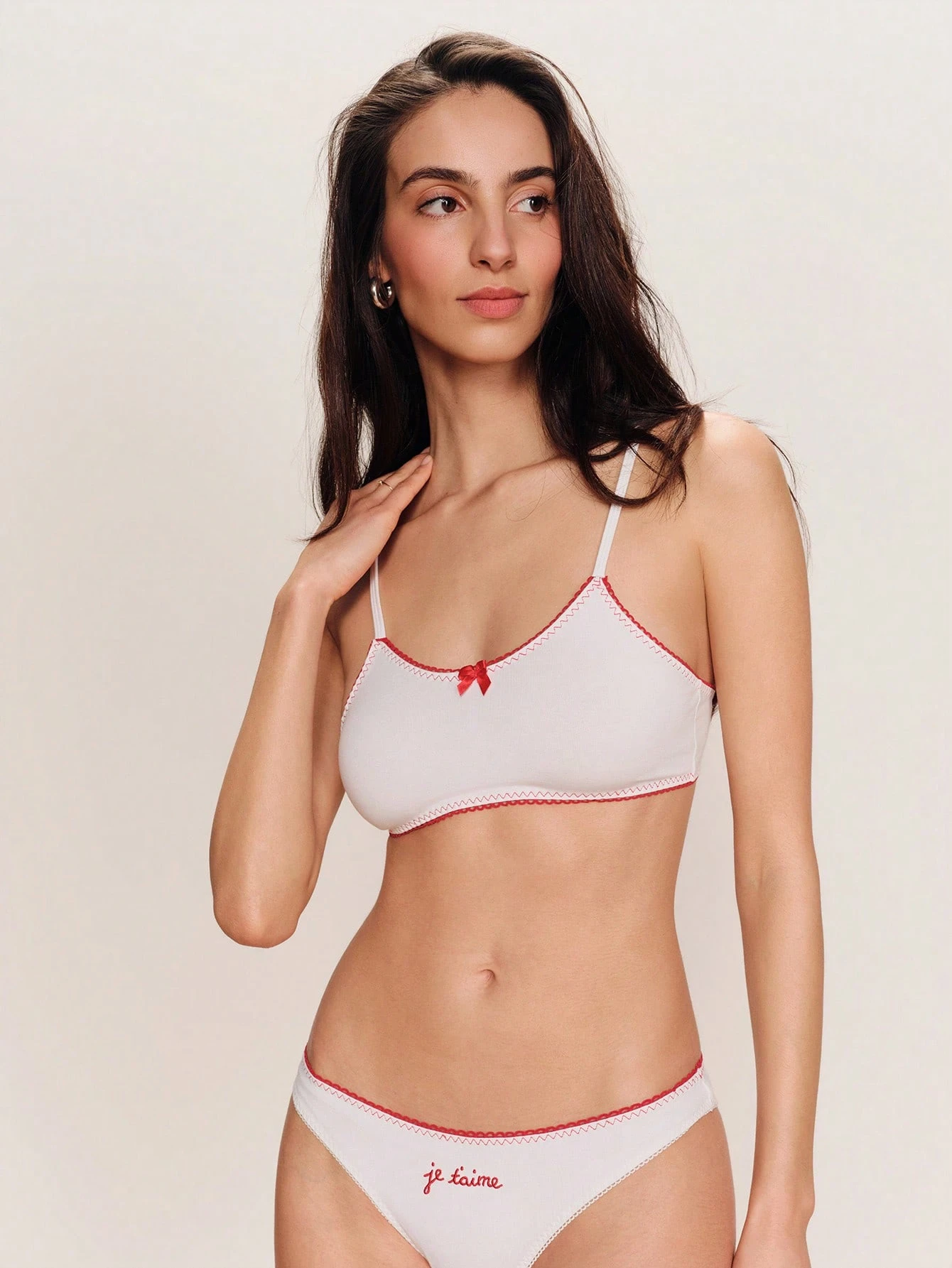 Cute White Lingerie Set With Red Details, Triangle Bra With Matching Thong Je T'aime French Text Embroidery Romantic Lingerie Set Chic Bra And Panty Set Spring Summer French Style Parisian Style Lingerie Set Lingerie For Women