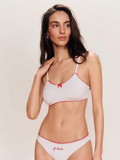 lacRébo Cute White Lingerie Set With Red Details, Triangle Bra With Matching Thong Je T'aime French Text Embroidery Romantic Lingerie Set Chic Bra And Panty Set Spring Summer French Style Parisian Style Lingerie Set