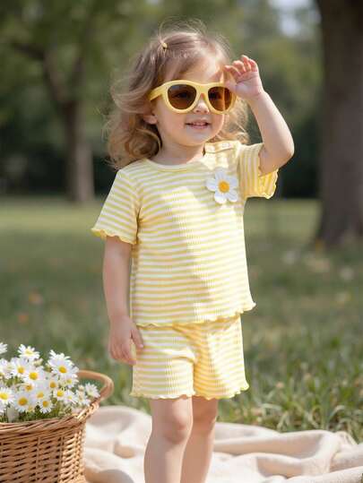 Newborn Baby Set, Cream Yellow + White Striped Classic Round Neck Short Sleeve Graphic Tee & Pants