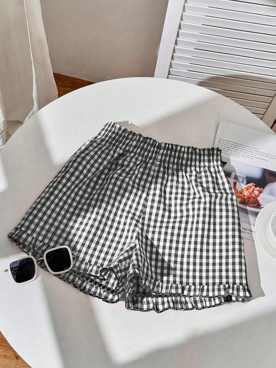 Comfortcana Women's Casual Black & White Plaid Ruffle Hem Shorts, Suitable For Summer - Black - View 1