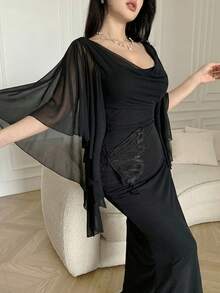 Feyla 女士纯色圆领镂空蝴蝶装饰优雅长裙 - 黑色 - 查看 2