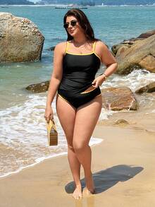 Swim Lushoire 2026 Plus Size Women's One-Piece Swimwear, Neon Color Tummy Control Swimdress, 2 Pieces Swimwear Set - Black - View 6