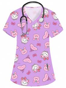 PopScrub Women's Purple V-Neck Short Sleeve Scrub Top,Rabbit & Bow Cute Cartoon Pattern Nurse/Doctor/Vet Uniform,Multi-Pocket Summer,Maid,Work Wear,Adorable - Purple - View 1
