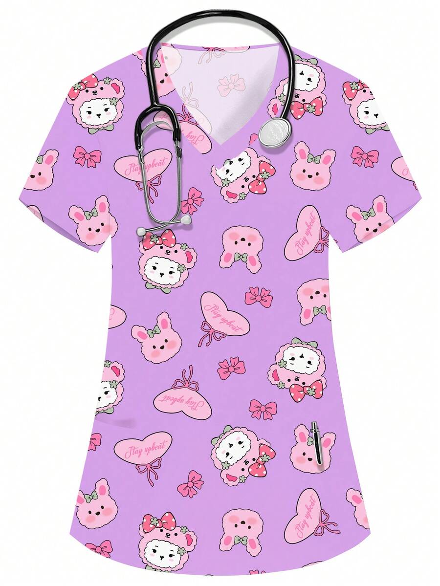 PopScrub Women's Purple V-Neck Short Sleeve Scrub Top,Rabbit & Bow Cute Cartoon Pattern Nurse/Doctor/Vet Uniform,Multi-Pocket Summer,Maid,Work Wear,Adorable - Purple - View 1