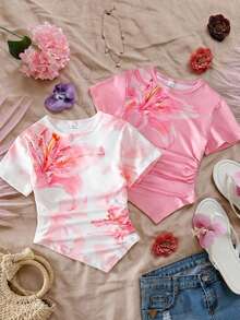 Sparklyn 3 piezas Camisetas ajustadas de manga corta y cuello redondo con bajo asimétrico para niñas, en negro, blanco y estampado de leopardo, blusas casuales de verano - Rosa - Ver 1