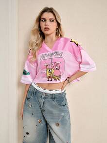 SpongeBob SquarePants | SHEIN Women's V-Neck Short Sleeve Cropped T-Shirt, - Pink - View 4