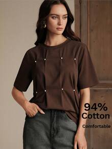 Anewsta Spring/Summer Loose Fit Round Neck Short Sleeve T-Shirt, 94% Cotton, Handmade Pearl Decor - Coffee Brown - View 5