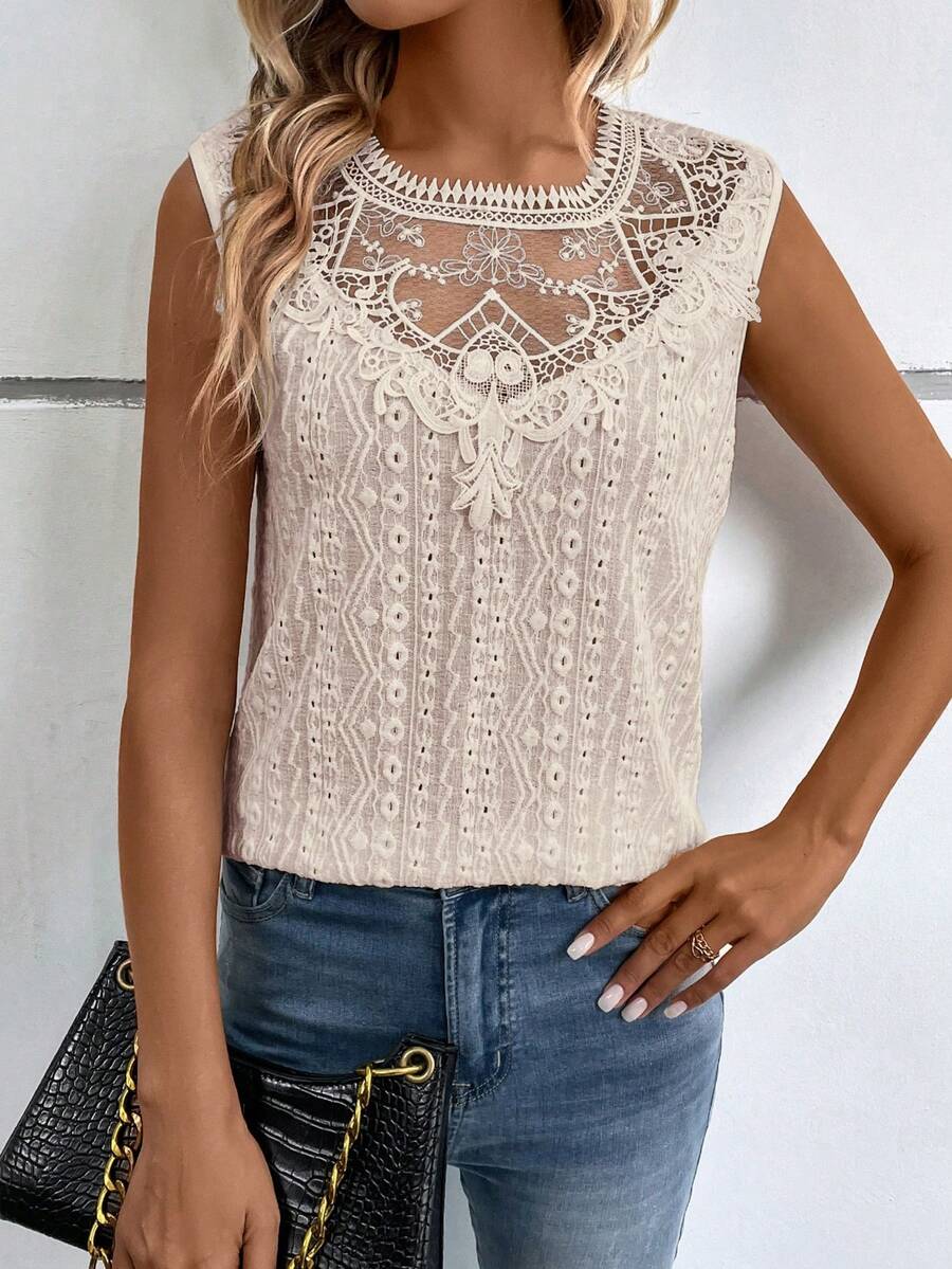 SHEIN LUNE Guipure Lace Insert Keyhole Back Tank Top - Apricot - View 1