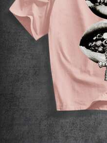 Manfinity ZONE917 Áo thun ngắn tay nam in hình môi đào, kiểu dáng thường ngày. - Hồng - Xem 4