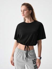 SHEIN 落肩抽绳下摆 T 恤和字母图案裤休闲套装 - 彩色 - 查看 10