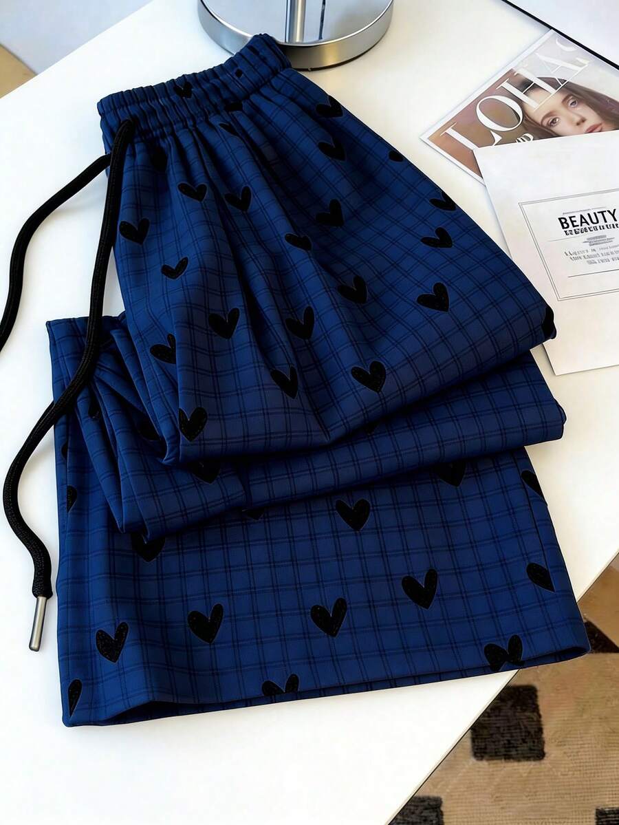 GlowEve CURVE Plus Size Women Drawstring Waist Plaid Heart Pattern Casual Versatile Daily Wear Pants - Navy Blue - View 1