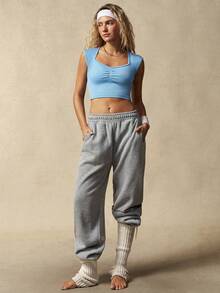 VARSIVA Women's Raglan Sleeve Ruched Cropped Casual Fitness Sports T-Shirt - Blue - View 5