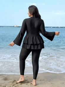 Swim Shayni 大码女式纯色荷叶边长袖长裤比基尼套装 - 黑色 - 查看 2