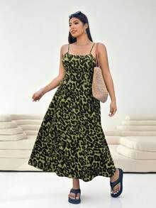 SHEIN EZwear 大码豹纹吊带连衣裙，腰部系带可调节，配有隐形拉链，适合春夏穿着。 - 軍綠色 - 查看 5