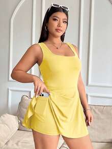 Solflare Plus Size Women's Sleeveless Solid Color Pockets Romper, One Piece Outfit In Pale Yellow - Pale Yellow - View 6