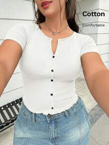 GalTyme White V-Neck Solid Color Short Sleeve Fitted T-Shirt, Plus Size - White - View 5